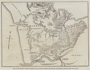 Mapa do país entre Auckland e o rio Waikato, Nova Zelândia, ilustrando a guerra com os nativos